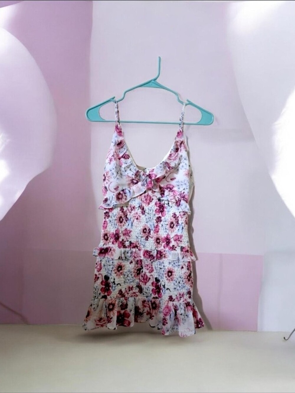 Hello Molly Cream Mini Dress with Pink Floral Print